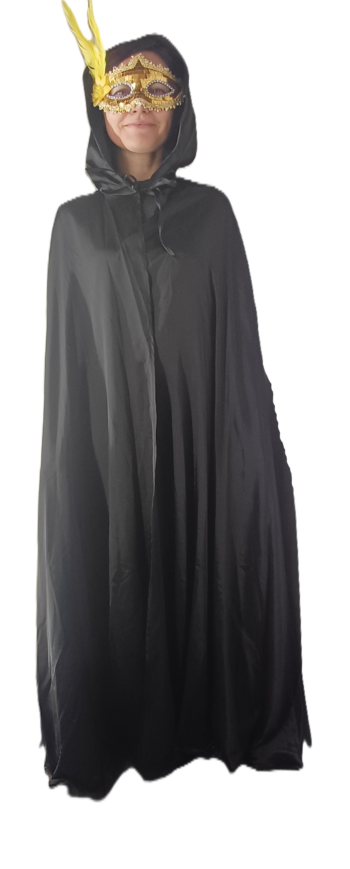 картинка Новогодняя накидка - черный атласный плащ с капюшоном от магазина Одежда+