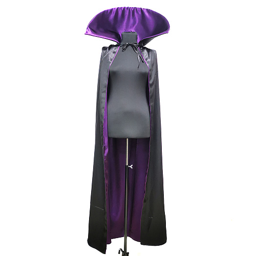 Черный атласный плащ вампира с воротником и фиолетовой подкладкой