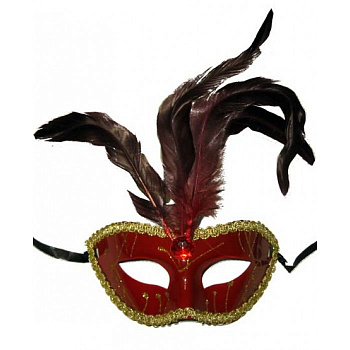 Красная венецианская маска с перьями 