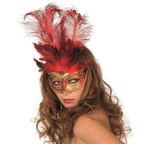 Красная венецианская маска с пером 