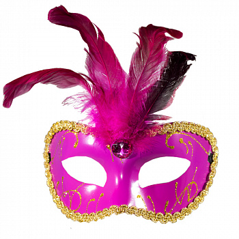 Розовая венецианская маска с перьями и лентами 