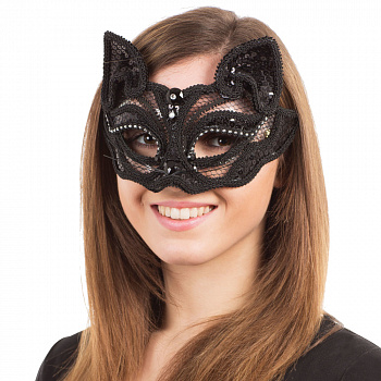 Черная венецианская маска кошки со стразами 