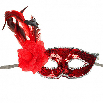 Венецианская маска красная с пайетками и розой 