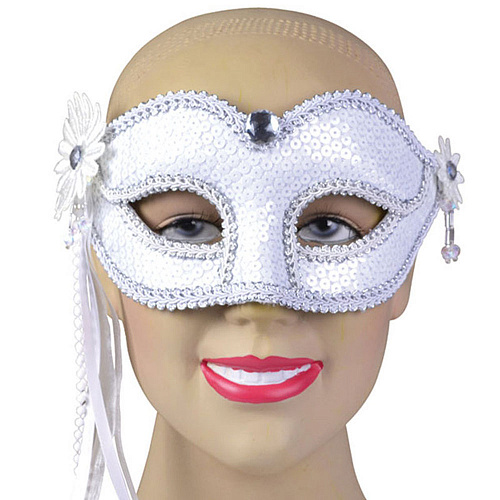 Белая венецианская маска с пайетками 
