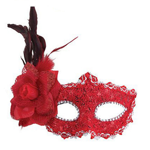 Красная венецианская маска с цветком и перьями 