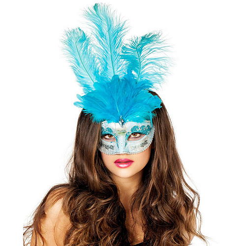 Голубая венецианская маска с перьями 