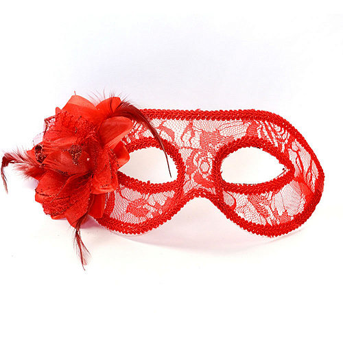 Красная венецианская маска с цветком и пером