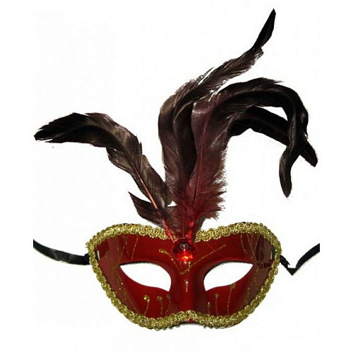 Красная венецианская маска с перьями 