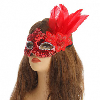 Венецианская маска красная блестящая с цветком 