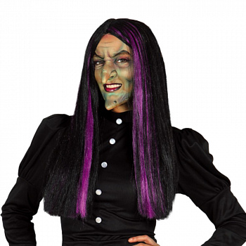 Черный парик ведьмы с фиолетовыми прядями