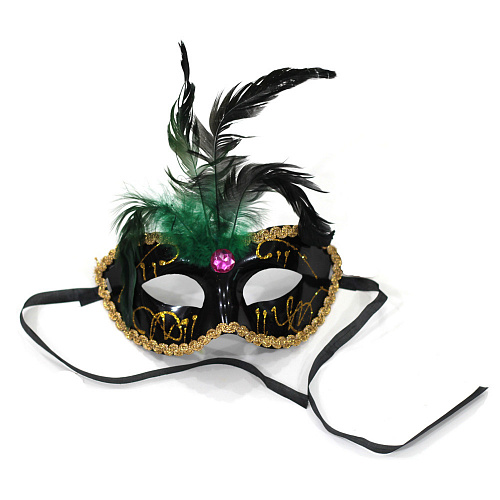 Черная венецианская маска с перьями и лентами